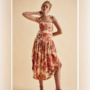 NWT Free People Raylon Ruched Floral Midi Dress in Sepia Combo Size Small